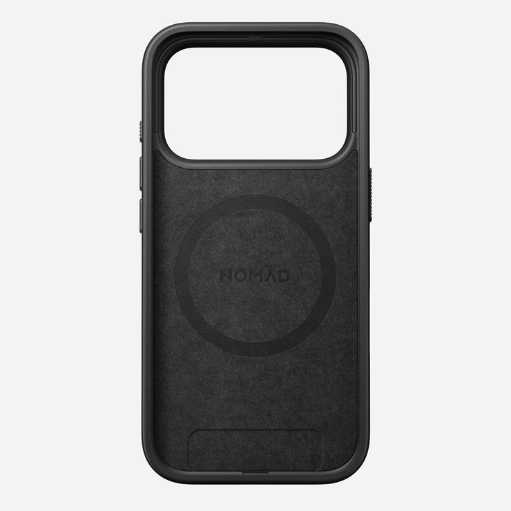 The Nomad Modern Case for iPhone 17 Pro in Lunar Gray features a large camera cutout, center Nomad branding, MagSafe compatibility, circular MagSafe outline, and an 8ft drop-protection TPU bumper.