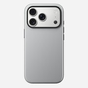 The Nomad Modern Case for iPhone 17 Pro in Lunar Gray is a silver phone with a triple-lens rectangular camera and flash, protected by a sleek TPU bumper offering 8ft drop protection, shown from the back on a white background.
