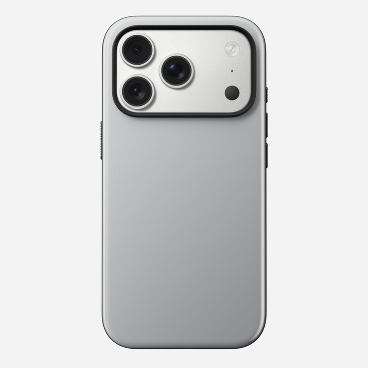 The Nomad Modern Case for iPhone 17 Pro in Lunar Gray is a silver phone with a triple-lens rectangular camera and flash, protected by a sleek TPU bumper offering 8ft drop protection, shown from the back on a white background.