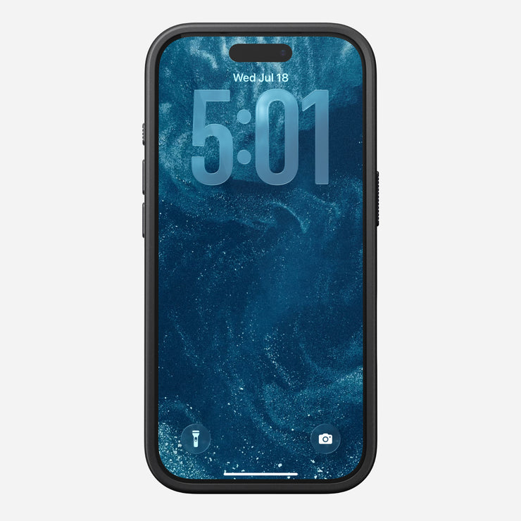 The Nomad Modern Case in Lunar Gray is shown on an iPhone 17 Pro with a blue, swirling abstract wallpaper, displaying the time 5:01 and date Wed Jul 18. Flashlight and camera icons are visible at the bottom of the lock screen.