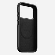 The Nomad Modern Case for iPhone 17 Pro in Lunar Gray features a large rectangular camera cutout, rounded edges, MagSafe compatibility, an 8ft drop-protective TPU bumper, and left-side button cutouts.