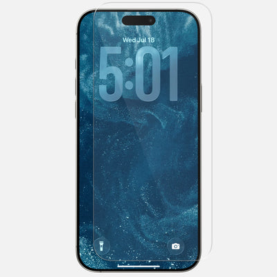 A Nomad Screen Protector for iPhone 17 Pro Max is partially overlaid on a phone with a blue marbled display showing 5:01 Wed Jul 18, highlighting the clear, scratch-resistant coverage and fit.