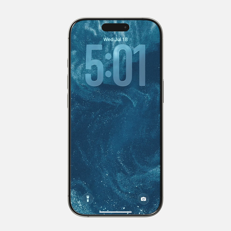 The Nomad Screen Protector for iPhone 17 Pro features a large, scratch-resistant display showing 5:01 and Wed Jul 18 on a blue swirl background, with flashlight and camera icons at the bottom.