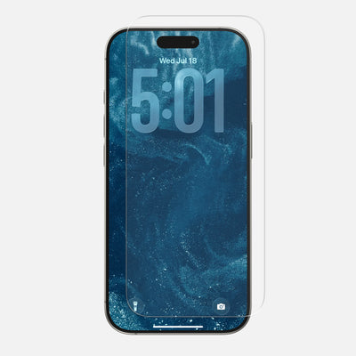 A blue abstract wallpaper iPhone 17 shows 5:01 and Wednesday, July 18. The Nomad Screen Protector - iPhone 17 Pro, made of durable glass, is perfectly aligned over the display.