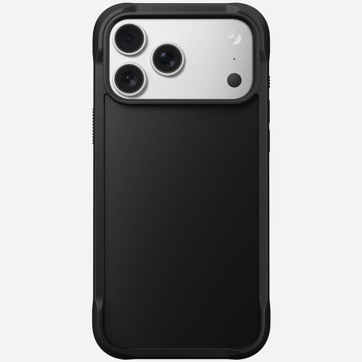 The Nomad Rugged Case for iPhone 17 Pro Max in black features TPU bumpers and a sliding cover that partially reveals the phone’s triple rear cameras and flash, shown against a plain white background.
