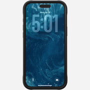 Nomad’s Rugged Case for iPhone 17 Pro Max in black, featuring durable TPU bumpers, displays a lock screen showing 5:01 on Wednesday, July 18. The background is a blue swirling pattern with flashlight and camera icons at the bottom.
