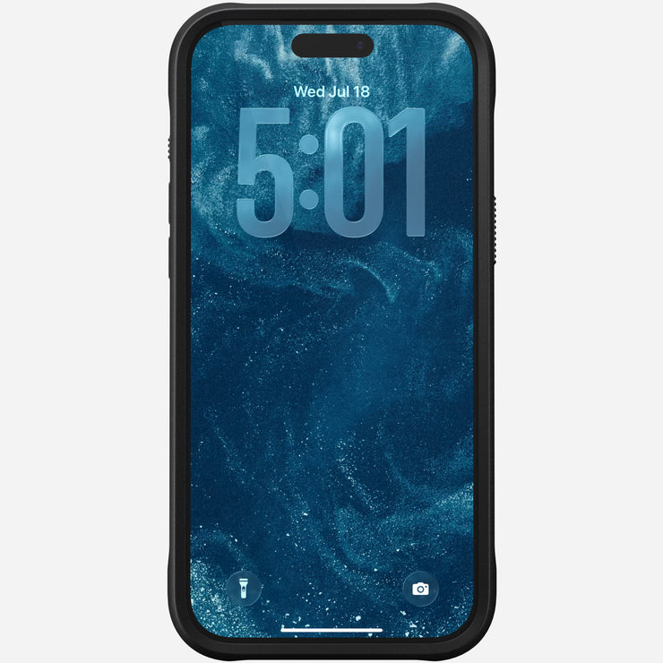 Nomad’s Rugged Case for iPhone 17 Pro Max in black, featuring durable TPU bumpers, displays a lock screen showing 5:01 on Wednesday, July 18. The background is a blue swirling pattern with flashlight and camera icons at the bottom.