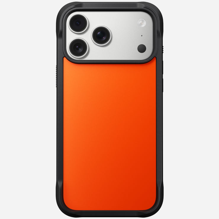The Nomad Rugged Case - iPhone 17 Pro Max | Ultra Orange is a black and orange case with TPU bumpers, shown on the device’s back featuring three camera lenses and a flash in the top left corner.