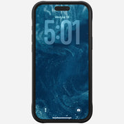 The Nomad Rugged Case in Ultra Orange protects an iPhone 17 Pro Max with TPU bumpers. Its screen shows "5:01, Wednesday, July 18" and a blue swirling abstract wallpaper.