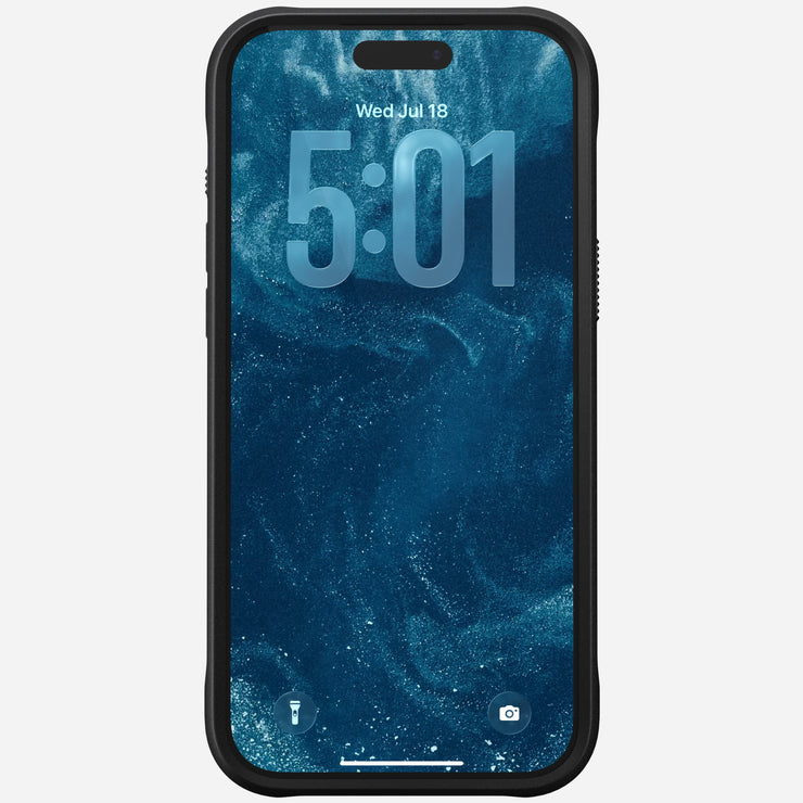 The Nomad Rugged Case in Ultra Orange protects an iPhone 17 Pro Max with TPU bumpers. Its screen shows "5:01, Wednesday, July 18" and a blue swirling abstract wallpaper.