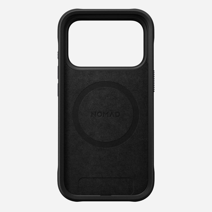 The Nomad Rugged Case - iPhone 17 Pro in Ultra Orange features TPU bumpers, a large rectangular camera cutout, MagSafe compatibility marked by a circular design, and NOMAD branding in the center.