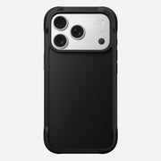The Nomad Rugged Case - iPhone 17 Pro | Black is shown on a smartphone with three rear cameras and a flash. Its textured, rugged design and TPU bumpers provide added grip and reliable protection.