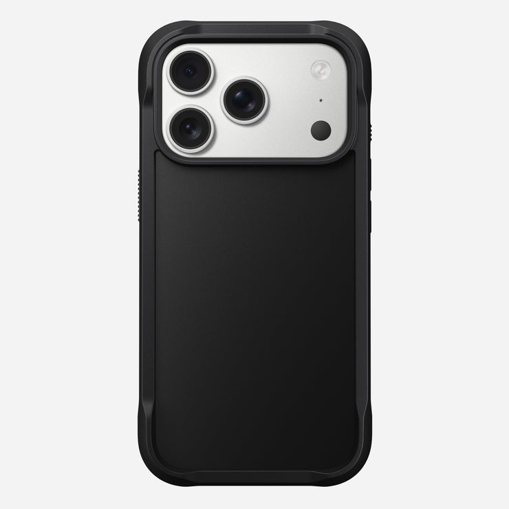 The Nomad Rugged Case - iPhone 17 Pro | Black is shown on a smartphone with three rear cameras and a flash. Its textured, rugged design and TPU bumpers provide added grip and reliable protection.