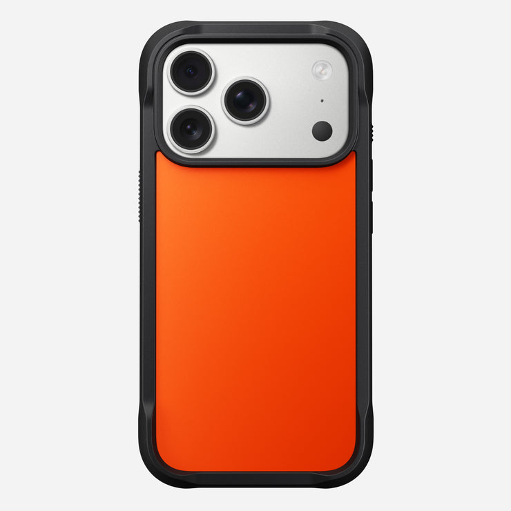 Nomad’s Rugged Case - iPhone 17 Pro | Ultra Orange features a black and bright orange design with TPU bumpers, triple camera cutout, flash slot, textured edge, and reinforced corners for superior grip and protection.