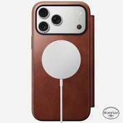 The Nomad Modern Leather Folio for iPhone 17 Pro Max in Olde Dublin features brown Horween leather, 8ft drop protection, MagSafe compatibility, and the Horween logo on the bottom right.