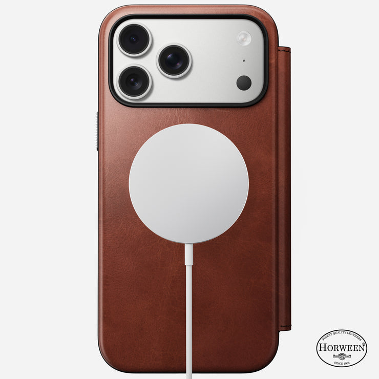 The Nomad Modern Leather Folio for iPhone 17 Pro Max in Olde Dublin features brown Horween leather, 8ft drop protection, MagSafe compatibility, and the Horween logo on the bottom right.