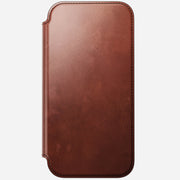 The Nomad Modern Leather Folio for iPhone 17 Pro Max in Olde Dublin Horween leather features a stitched front cover, shown closed and viewed from above against a light gray background.
