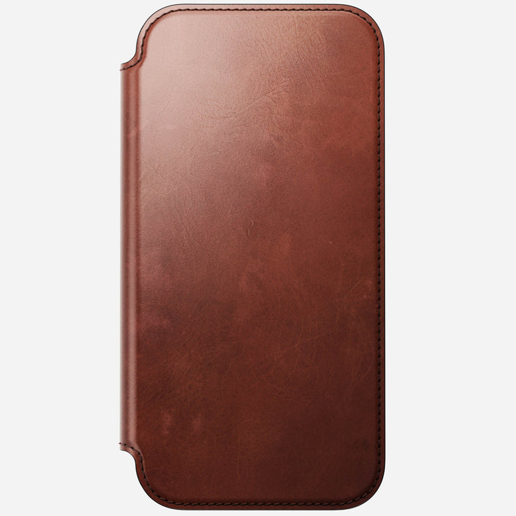 The Nomad Modern Leather Folio for iPhone 17 Pro Max in Olde Dublin Horween leather features a stitched front cover, shown closed and viewed from above against a light gray background.