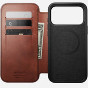 The Nomad Modern Leather Folio for iPhone 17 Pro Max in Olde Dublin Horween leather features three card slots and a MagSafe-compatible black phone holder.