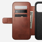 The Nomad Modern Leather Folio for iPhone 17 Pro Max in Olde Dublin is crafted from premium Horween leather, features a slot for cash, and is MagSafe compatible for effortless charging.