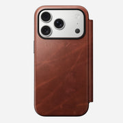 Nomad Modern Leather Folio - iPhone 17 Pro in Olde Dublin brown Horween leather, MagSafe compatible with front flap, shown on a white background.