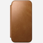 The Nomad Modern Leather Folio for iPhone 17 Pro Max in English Tan-C is shown closed, featuring full-grain leather and neat edge stitching, viewed from the front against a plain white background.