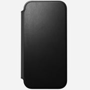 The Nomad Modern Leather Folio for iPhone 17 Pro Max in black is made from sustainably sourced leather and features a front cover, displayed closed on a plain white background.