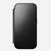 The Nomad Modern Leather Folio for iPhone 17 Pro in black Horween leather features rounded corners, precise stitching, and MagSafe compatibility, displayed on a plain light gray background.