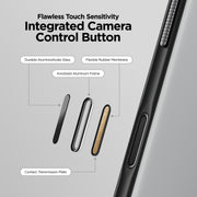 Nomad’s Modern Case - iPhone 17 Pro in Lunar Gray features a phone camera control button with durable aluminosilicate glass, flexible rubber, anodized aluminum, a contact plate, and a TPU bumper for 8ft drop protection and high touch sensitivity.