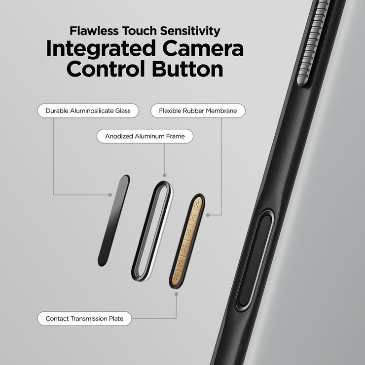 Nomad’s Modern Case - iPhone 17 Pro in Lunar Gray features a phone camera control button with durable aluminosilicate glass, flexible rubber, anodized aluminum, a contact plate, and a TPU bumper for 8ft drop protection and high touch sensitivity.