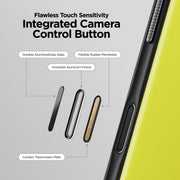 Cross-section diagram of Nomad’s Modern Case for iPhone 17 Pro | Volt showing the camera control button: durable aluminosilicate glass, flexible rubber membrane, anodized aluminum frame, TPU bumper (8ft drop protection), and contact transmission plate.