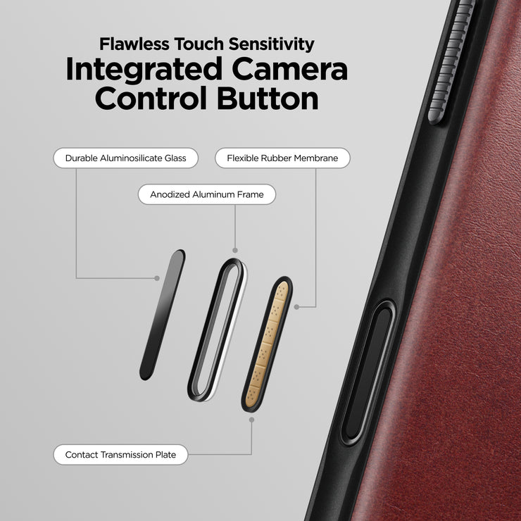 Close-up of the Nomad Modern Leather Case for iPhone 17 Pro Max (Burgundy, Horween) side button, highlighting durable aluminosilicate glass, flexible rubber membrane, anodized aluminum frame, and contact transmission plate for flawless touch sensitivity.