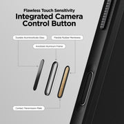 A labeled diagram of the Nomad Rugged Case - iPhone 17 Pro | Black highlights its camera control button’s glass, TPU bumpers, aluminum frame, and contact plate, with text emphasizing flawless touch sensitivity.