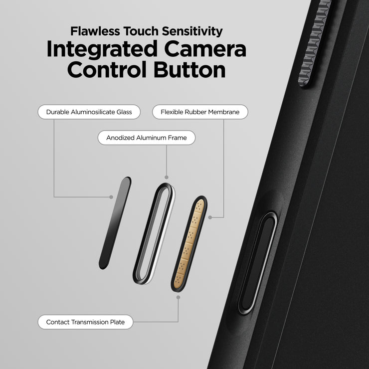 A labeled diagram of the Nomad Rugged Case - iPhone 17 Pro | Black highlights its camera control button’s glass, TPU bumpers, aluminum frame, and contact plate, with text emphasizing flawless touch sensitivity.