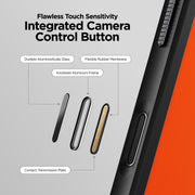 A diagram displays components of the Nomad Rugged Case - iPhone 17 Pro Max | Ultra Orange camera control button—aluminosilicate glass, TPU bumpers, rubber membrane, aluminum frame, and contact plate—with product info and a close-up on a device.