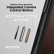 Diagram illustrating the integrated camera control button of the Nomad Rugged Leather Case - iPhone 17 Pro Max (Rustic Brown, Horween), featuring glass, rubber membrane, aluminum frame, and transmission plate. MagSafe compatible case close-up shown on right.