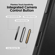 A labeled diagram displays the integrated camera control button parts—aluminosilicate glass, sustainably sourced rubber membrane, aluminum frame, and contact plate—next to a close-up on the Nomad Traditional Leather Case for iPhone 17 Pro in Black.