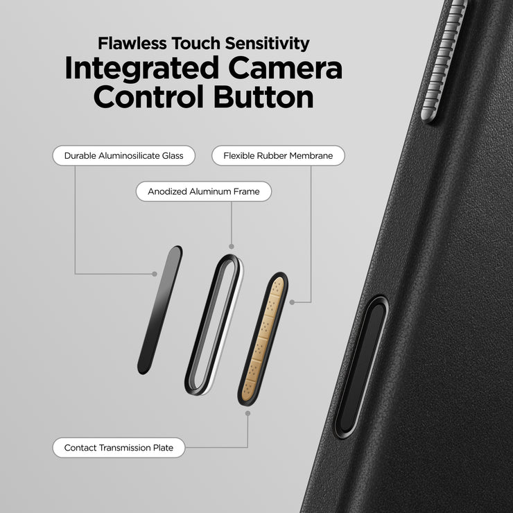 A labeled diagram displays the integrated camera control button parts—aluminosilicate glass, sustainably sourced rubber membrane, aluminum frame, and contact plate—next to a close-up on the Nomad Traditional Leather Case for iPhone 17 Pro in Black.