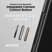 An infographic for the Nomad Modern Case - iPhone 17 Pro | Vulcan Black labels its integrated camera control button parts: aluminisilicate glass, rubber membrane, TPU bumper, aluminum frame, and contact transmission plate.