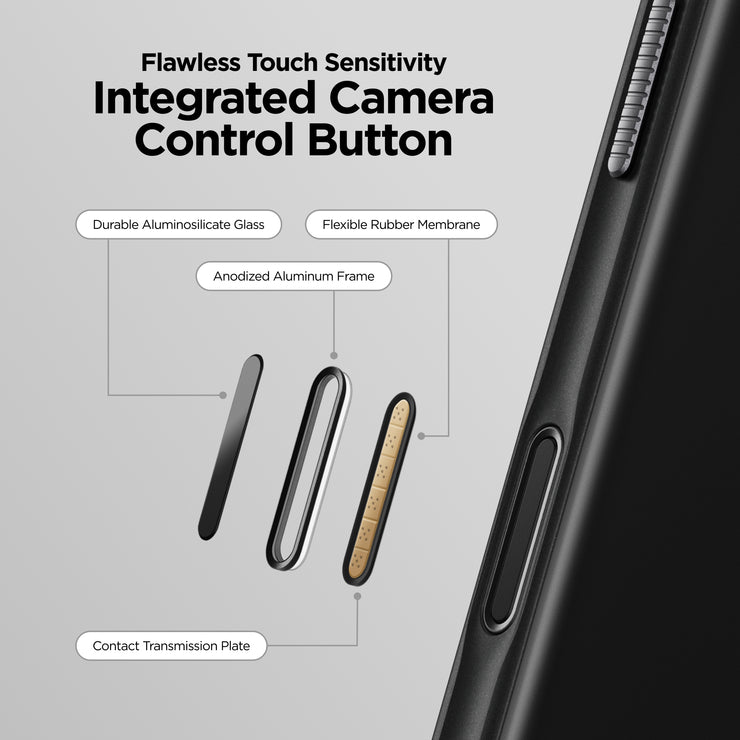 An infographic for the Nomad Modern Case - iPhone 17 Pro | Vulcan Black labels its integrated camera control button parts: aluminisilicate glass, rubber membrane, TPU bumper, aluminum frame, and contact transmission plate.