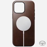 Front view of Modern Leather Case in Rustic Brown Horween leather for iPhone 16 Pro Max, highlighting premium vegetable-tanned leather and MagSafe compatibility