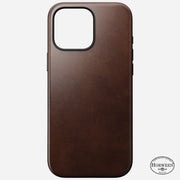 Front view of Modern Leather Case in Rustic Brown Horween for iPhone 16 Pro Max, displaying the smooth leather texture and durable anodized aluminum buttons