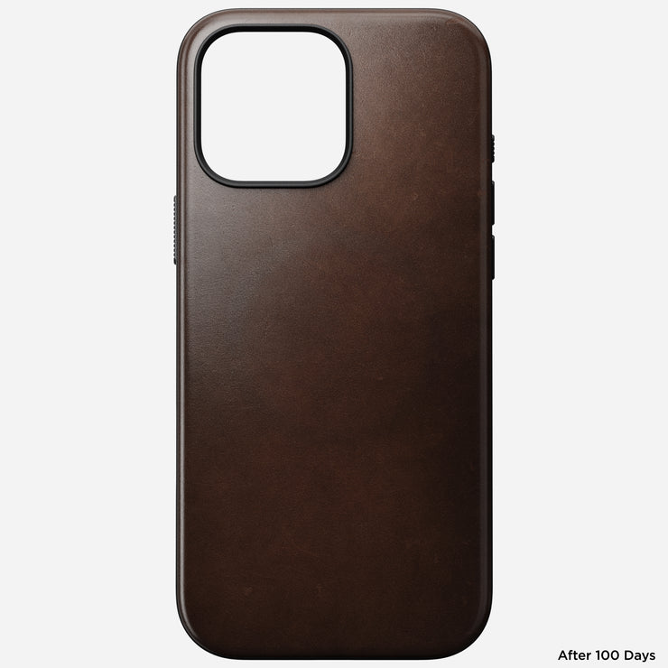 Full front view of Modern Leather Case in Rustic Brown Horween for iPhone 16 Pro Max, featuring vegetable-tanned leather and MagSafe compatibility