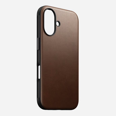 Modern Leather Case for iPhone 16 - Side View Showing Anodized Aluminum Buttons and Slim Profile