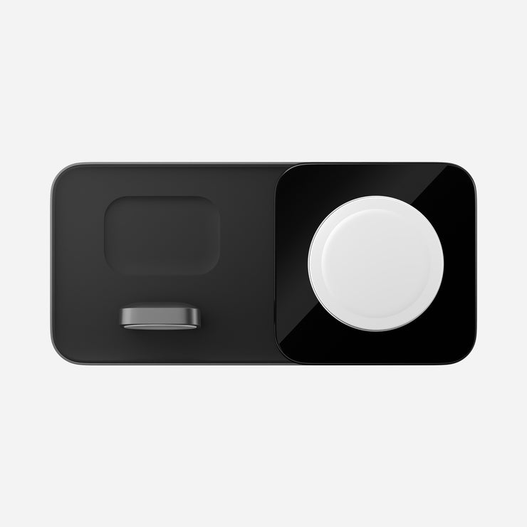 Front view of the Base One Max 3-in-1 MagSafe charger in Carbide, showcasing its sleek design and integrated Apple Watch and AirPods charging spots