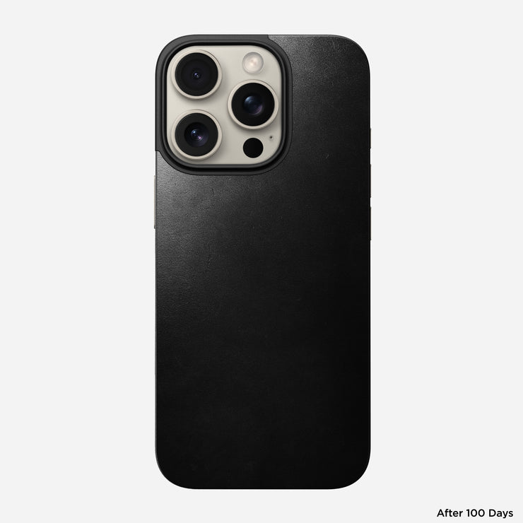 Front view of the Magnetic Leather Back for iPhone 16 Pro in Black, showcasing its sleek leather finish and precision cut design.
