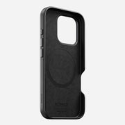 Black Traditional Leather Case for iPhone 16 Pro, showing the back. Highlights the premium Horween leather and full-wrap design