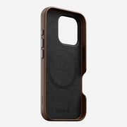 Brown Traditional Leather Case for iPhone 16 Pro, back view. Features the elegant full-wrap leather design and seamless construction