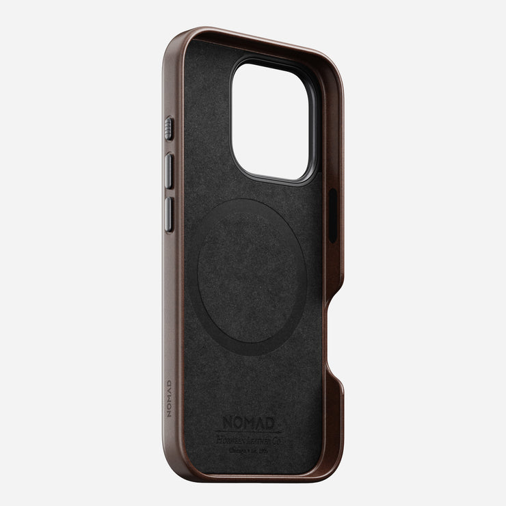 Rustic Brown Traditional Leather Case for iPhone 16 Pro, showing the back. Features the premium Horween leather and seamless design