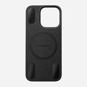 Back view of the Magnetic Leather Back for iPhone 16 Pro in Black, highlighting the raised protective camera ring and sleek finish.